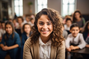 portrait of a smiling teacher in a classroom with curly hair - obrazy, fototapety, plakaty