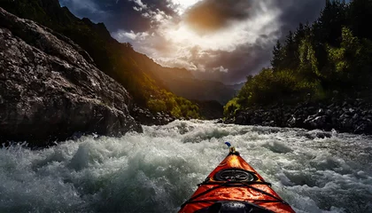 Foto op Canvas whitewater kayaking, down a white water rapid river in the mountains. Hand edited generative AI. © New2023