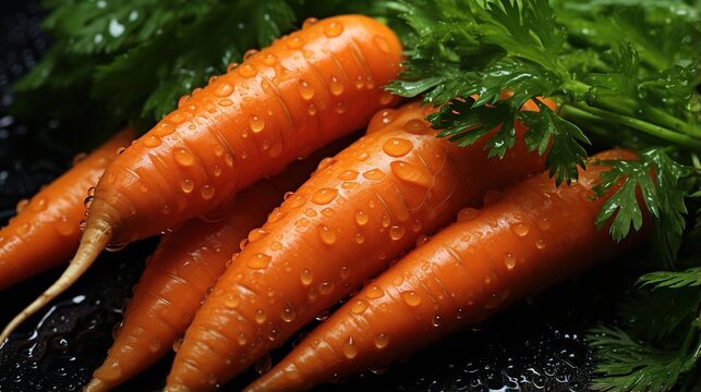 Fresh carrots with water drops and green leaves