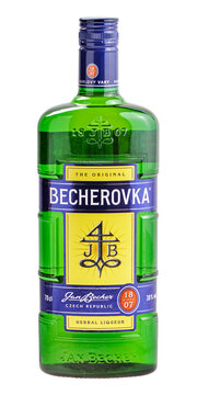 Bottle of Becherovka isolated. Becherovka is a Czech herbal liqueur produced in Karlovy Vary