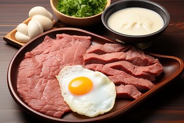 Beef steak and egg on a wooden plate