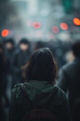 a woman from behind, her dark hair and green jacket set against the blurred lights and figures of a crowd. 