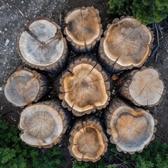 An overhead view of numerous tree stumps forming a circle around a single stump with a lush green background, emphasizing the concept of deforestation and nature's cycle.