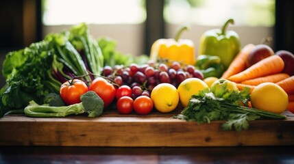 Closeup of a colorful assortment of fresh fruits and vegetables, neatly arranged on a rustic ting board.