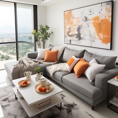 Modern living room interior with large windows and abstract painting