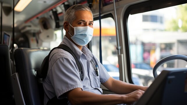 Portrait Of A Bus Driver Wearing A Surgical Mask