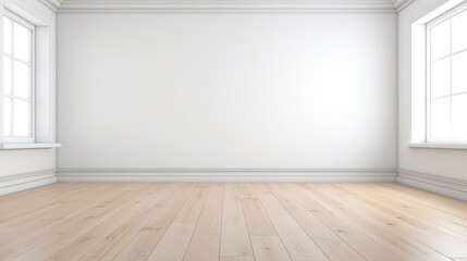 Rendering of a white wall view, illustration of an antique wooden floor interior, White empty room interior. The inside of the background. Nordic house interior.empty wall for writing