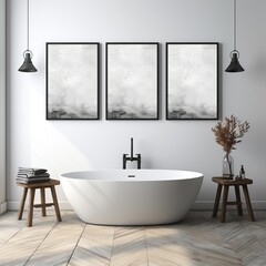 Fototapeta na wymiar Bathroom interior with a bathtub, stool, and three paintings