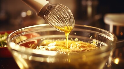 Fototapeta premium Closeup of a mixer whisking together ingredients for a homemade vinaigrette.