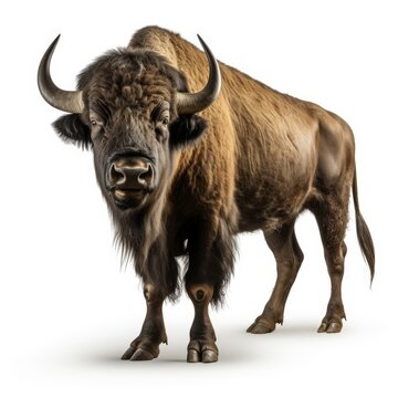 Majestic European bison standing isolated on white background, detailed wildlife portrait.