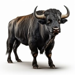 Majestic black bull with curved horns standing against a white background, full body visible.