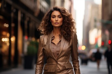Elegant businesswoman in a chocolate brown suit paired with a delicate lace bodysuit, confidently striding through the bustling city streets, her eyes sparkling with determination