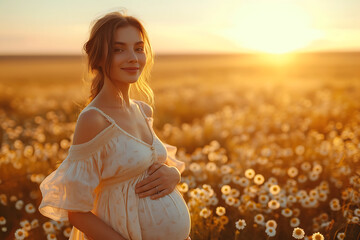 Fototapeta na wymiar Close-up of pregnant woman with hands on her belly on nature background. Silhouette of pregnant woman in white dress in sunlight of sunset. Concept of pregnancy, maternity, expectation for baby birth.