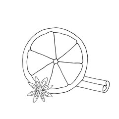Spice mix of cinnamon, star anise and orange. Ingredients for mulled wine and baking. Outline drawing. Hand drawn vector illustration. For coloring, menu, cards, printing, packaging, invitations