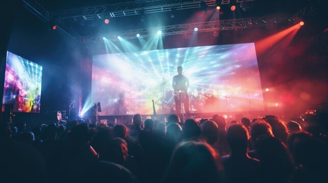 Closeup of a large projector screen showing the virtual concert from multiple angles.