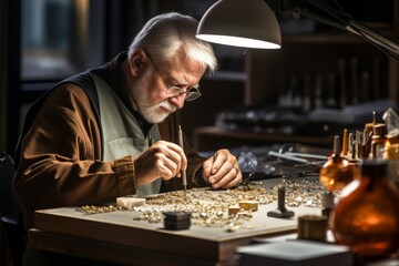 Master Jeweler Deep in Concentration, Inspecting a Sparkling Gemstone Masterpiece in his Traditional Workshop Illuminated by Soft, Warm Light