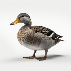 A single mallard duck standing against a white background, looking to the side with space for text.