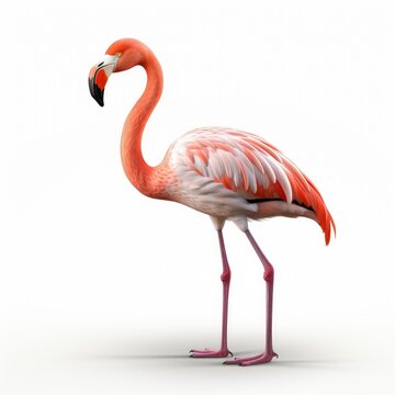 Elegant flamingo standing isolated on white background, side view with detailed plumage and graceful neck curve.