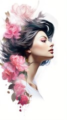 Naklejka premium An illustration of a woman with dark hair and pink flowers in her hair