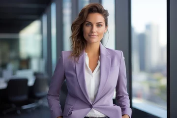  A confident woman in a stylish lilac blazer paired with a ruched white shirt, standing in a modern office setting with a cityscape view from the window © aicandy