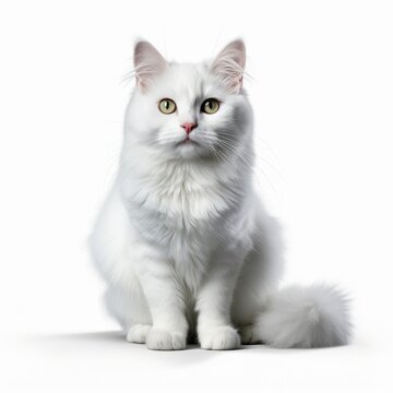 Elegant white fluffy cat with captivating yellow eyes sitting isolated on a white background.
