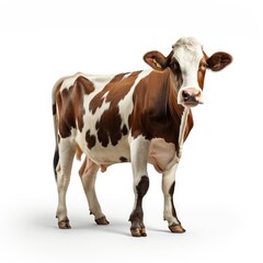 Brown and white cow standing isolated on white background.