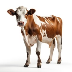 Brown and white cow standing isolated on a white background, looking at the camera.
