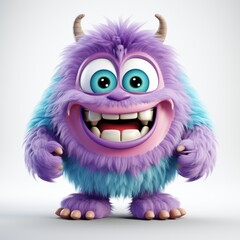 Cute cartoon monster with purple fur, big eyes, and a cheerful smile on a white background. - obrazy, fototapety, plakaty