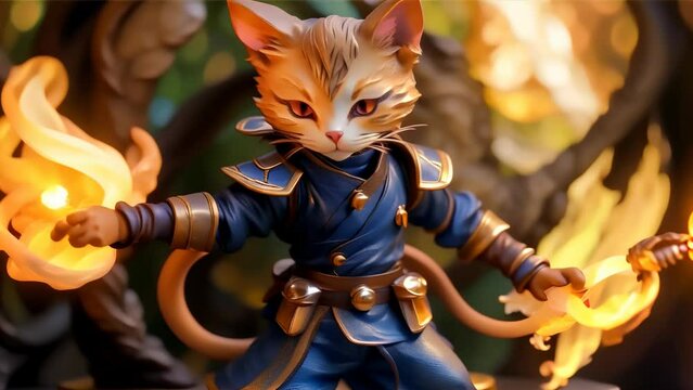 A brave cat warrior clad in blue attire, manipulating orbs of fire in his hands, with vague lights shining in the background.
