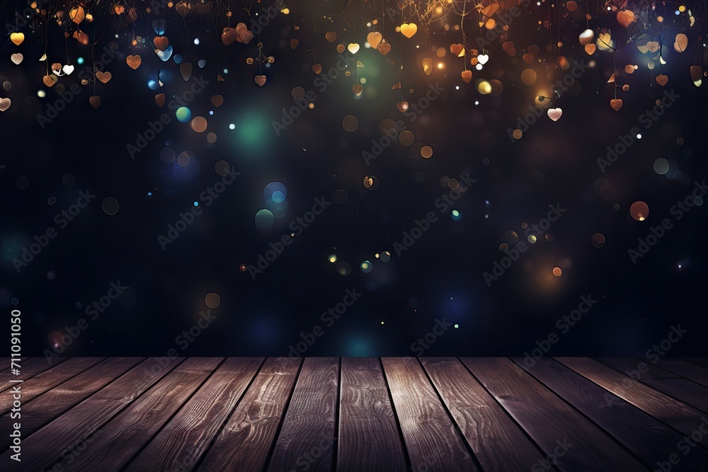 Aufkleber empty wood table top on bokeh and blur abstract dark blue background with golden lights. product dis