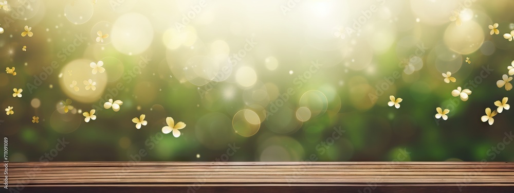 Aufkleber empty wood table top on bokeh and blur abstract green background with golden lights. product display