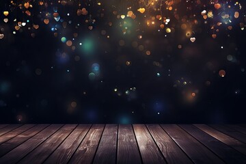 Empty wood table top on bokeh and blur abstract dark blue background with golden lights. Product...