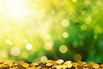 Mountain of gold coins on abstract green and yellow glitter bokeh background. Festive backdrop for...