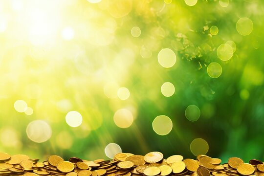 Mountain of gold coins on abstract green and yellow glitter bokeh background. Festive backdrop for St. Patrick's Day, holiday or event