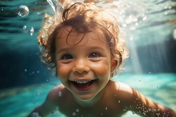 Fototapeta na wymiar Ecstatic curly-haired toddler swimming underwater