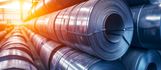Rolls of galvanized sheet steel in the factory. Large rolls of metal coils in the warehouse.	