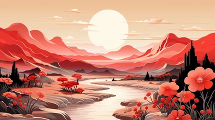 Poster Red Desert Landscape with River and Flowers © duyina1990