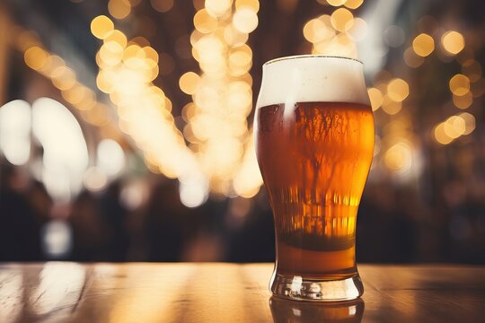 Glass with cold fresh beer on wooden table on blurred background. Oktoberfest and St. Patrick's day celebration in a pub or bar. Card, banner, poster, flyer with copy space