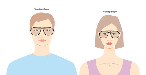 Teardrop Shape Aviator frame glasses on women and men flat character fashion accessory illustration. Sunglass front view silhouette style, flat rim spectacles eyeglasses with sketch outline isolated