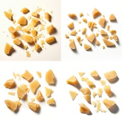 Top view of broken pieces of hard cheese