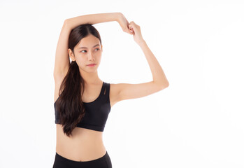 Portrait beautiful young asian woman stretching hands or arms for exercise yoga and relax isolated on white background, female workout training for muscle strong, sport and health care concept.