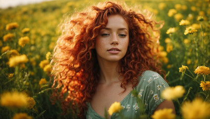 Bellissima ragazza con capelli rossi e ricci in un prato pieno di fiori in primavera