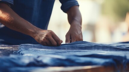 Closeup of a worker using a natural indigo dyeing technique on organic cotton fabric for a sustainable fashion brand.