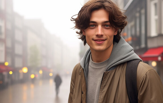 A Fair Skinned European 20 Year Old Brunette Guy In A Foggy City. A Man Walks Among The Fog.