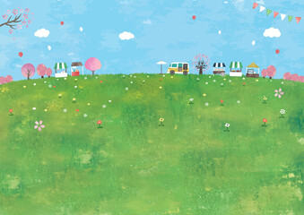 マルシェと桜と草原の風景水彩画