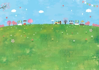 Küchenrückwand glas motiv マルシェと桜と草原の風景水彩画 © まるまる