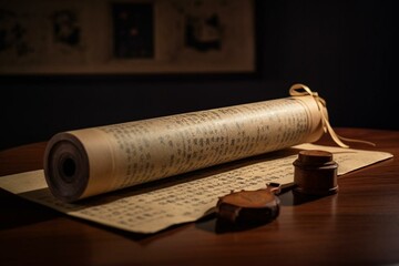 a paper scroll resting on a table. Generative AI