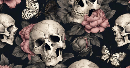 Skulls and roses on a black background with a white rose, A black background with skulls and roses, Photo skull and roses watercolor pattern.