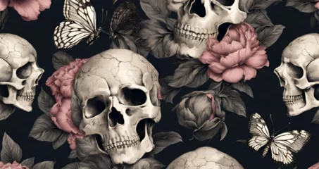 Papier Peint photo autocollant Crâne aquarelle Skulls and roses on a black background with a white rose, A black background with skulls and roses, Photo skull and roses watercolor pattern.