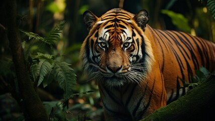 Fototapeta premium Majestic Bengal Tiger Gazing Intently in Striking Profile Amidst Lush Jungle Foliage - AI-Generative